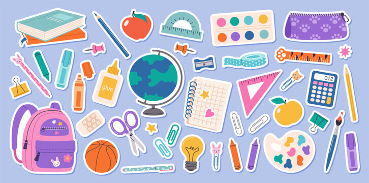 Big set of school supplies and education stickers. Back to school. Backpack, books, globe, pencil box, paints, ruler, pen, pencil. Suitable for prints, cards, paper crafts, scrapbooking.