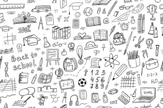 Back to school seamless vector pattern. Great for textile fabric design, wrapping paper, banner, posters, cards, stickers, professional design and website wallpapers. Doodle style