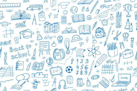Back to school seamless vector pattern in doodle style. Great for textile fabric design, wrapping paper, banner, posters, cards, stickers, professional design and website wallpapers.