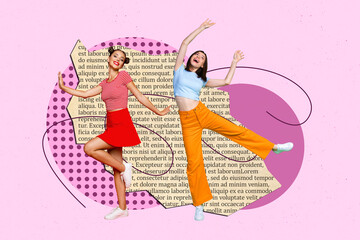 Photo collage picture two funny youngster girls dancing overjoyed over paper text creative colorful doodle background
