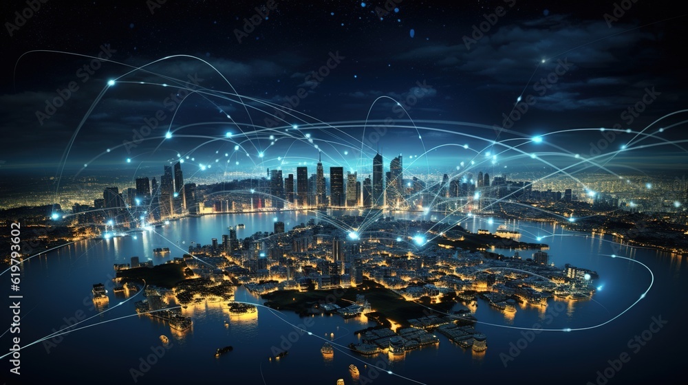 Poster smart city and abstract line and dot connect with gradient line design, big data connection technolo