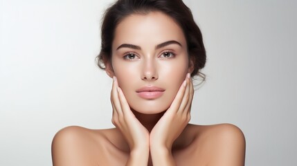 Young woman touching her face isolated on white background with generative ai