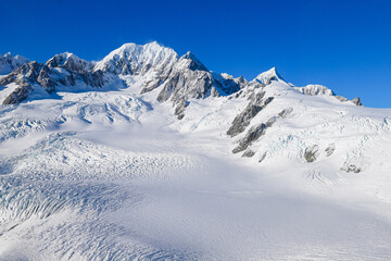 An aerial view from a helicopter of snow on Mount Cook, New Zealand.