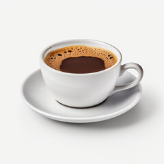 cup of tasty coffee and a saucer on a white background top view, AI generation