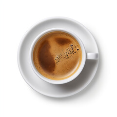 Naklejka premium cup of coffee and a saucer on a white background top view, AI generation