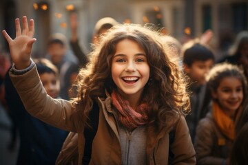 Happy elementary school student giving high five to her students during classroom study
