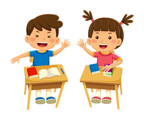  cute kids student sitting at desk in vector illustration