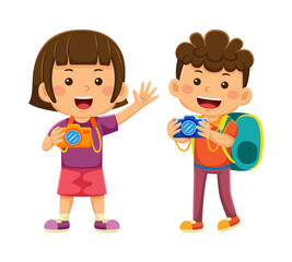 girl kids holding camera taking picture in vector illustration