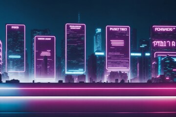 Blank billboard on the road with night cityscape and light trails. AI generated.