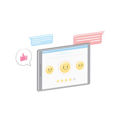 Fototapeta premium Vector comments, opinions, reviews, likes, ratings with 3D smilies in voluminous smartphone, tablet. Feedback on website, application. Rating in voting. Quality assessment.