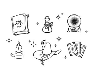 A set of magical items, magician's magic hat, witch's magic potion, spell book, magic ball and tarot cards. Vector illustration that can be used as a tattoo sketch, print for clothes