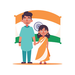 couple in traditional clothes standing in front of flag banner isolated on white background using vector art illustration