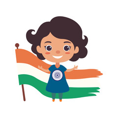 free vector of girl child wearing blue dress and ashoka chakra on the dress standing in front of indian flag using vector illustration art