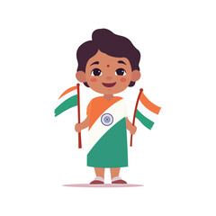 free vector of brown girl with short hair wearing Indian flag on dress holding flags with the hands using vector illustration art happy independence day