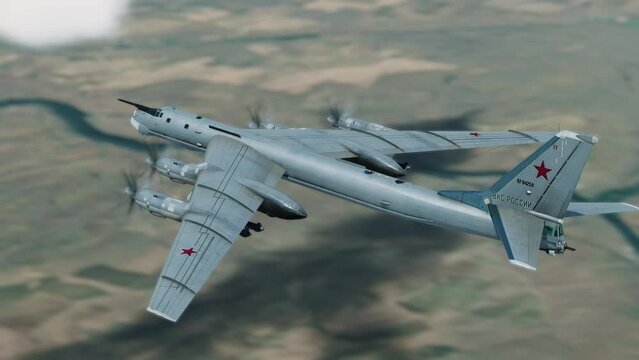 Russian strategic bomber Tu-95MS Bear in flight. 3d animation