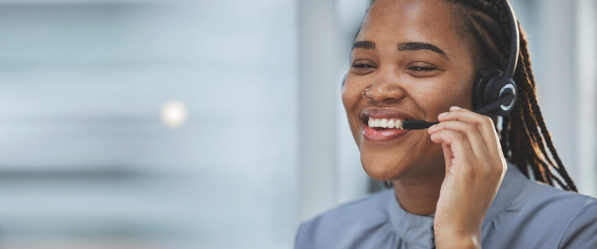 Call Center Banner, Happy And Black Woman With A Headset For Consulting, Online Contact And Telemarketing. Ecommerce, Mockup And An African Customer Service Worker With A Smile For Advice And Support