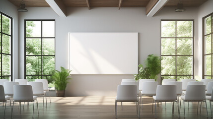 A classroom or presentation room. White chairs, panoramic windows with white copy space and a chalkboard on the wall., Generative AI