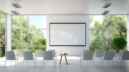 A classroom or presentation room. White chairs, panoramic windows with white copy space and a chalkboard on the wall., Generative AI - obrazy, fototapety, plakaty