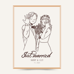 Cute couple showing off their wedding ring illustration line art style