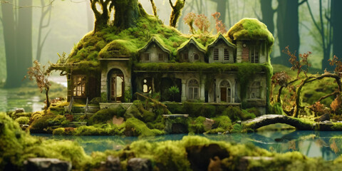 Naklejka premium dwarf house overgrown with moss, fictional architecture made with generative ai