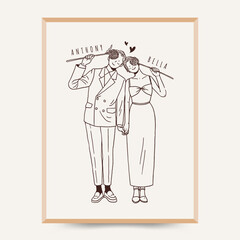 Cute bride and groom holding flowers to cover their face illustration line art style