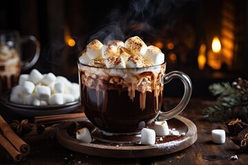 hot chocolate with marshmallows in glasses on a wooden table - obrazy, fototapety, plakaty