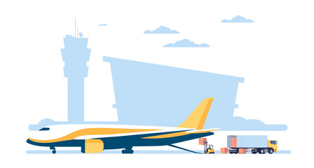 Unloading cargo plane at airport. Freight airplane loading. Aircraft or truck transportation. Logistics service. Forklift moving containers into lorry. Packages shipment. Vector concept