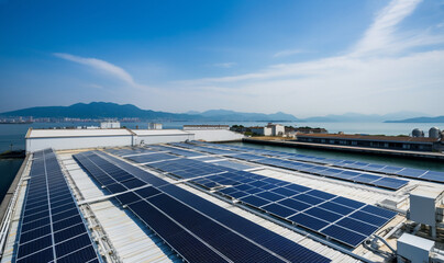 Solar panels on factory.Architectural detail of metal roofing on commercial construction Solar panels or Solar cells on factory rooftop or terrace with sun light, Industry.
