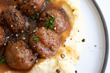 Close up meat balls with mashed potatoes