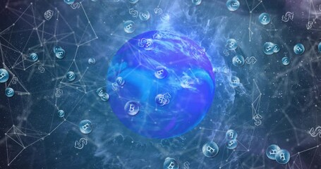 Animation of network of connections with bitcoin icons over globe - Powered by Adobe