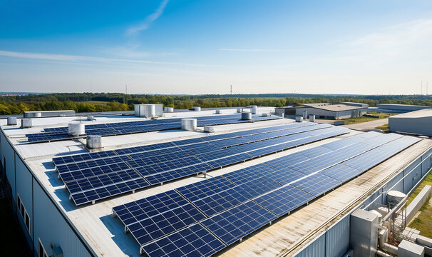 Solar panels on factory.Architectural detail of metal roofing on commercial construction Solar panels or Solar cells on factory rooftop or terrace with sun light, Industry.
