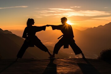 Couple practicing martial arts on the top of a mountain. Generative AI
