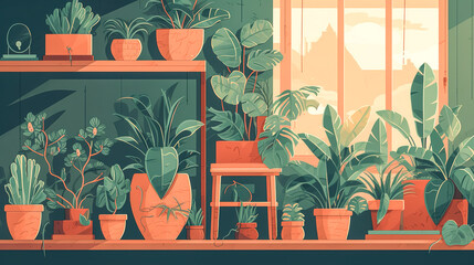Illustration with houseplants in pots, generative AI.