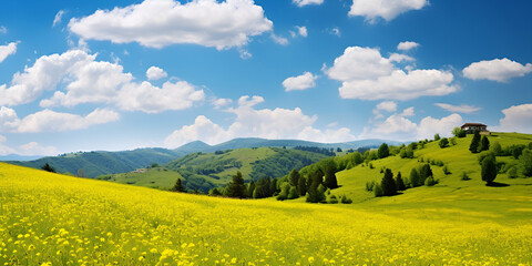 Rolling Hills Landscape, Bright Blue Sky over Flower Field, generative Ai
