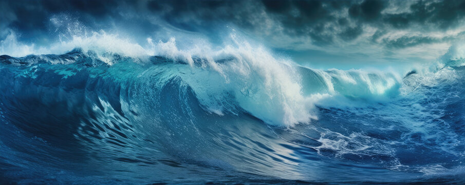 Sea wave in ocean during rage storm, the power water nature, panorama photo. generative ai