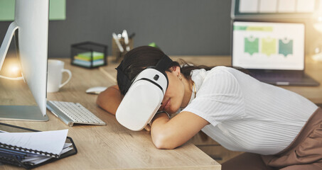 Tired, virtual reality or businesswoman in office sleeping in metaverse with digital technology for...