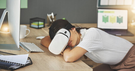 Tired, virtual reality or businesswoman in office sleeping in metaverse with digital technology for nap. Relax, fatigue or overworked worker with futuristic headset for 3d fantasy vr simulation