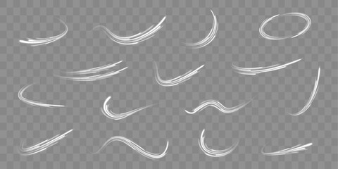 Special white christmas effect on transparent background.  Light stripes in the form of drill, turns and swirl. Long time exposure. Vector.