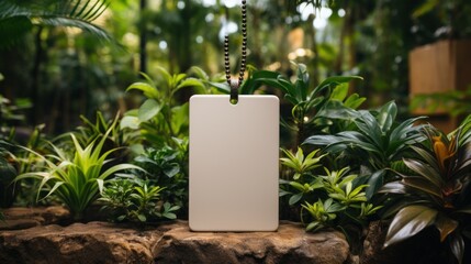 Blank empty mockup of tag label on green plants background for branding generative ai - 619799425