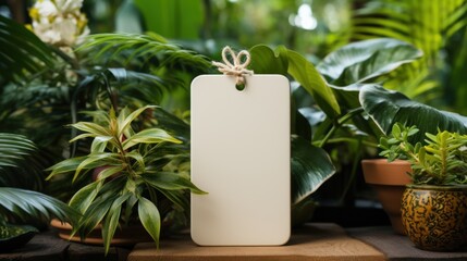 Blank empty mockup of tag label on green plants background for branding generative ai - 619799429