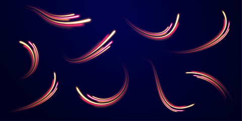 Fototapeta premium Green, red, pink and blue light or fire of rocket, comet, magic weapon rays isolated on transparent background. light road in the form of a swirl, neon color. Speed line with sports cars. 