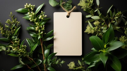 Blank empty mockup of tag label on green plants background for branding generative ai