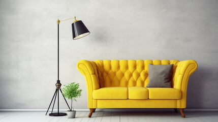 A yellow couch sitting in a living room next to a lamp, Generative AI