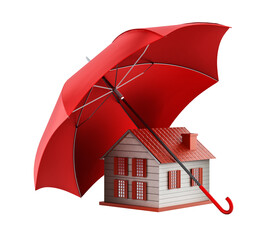 Red umbrella protecting house model. Transparent background. 3D illustration © Destina