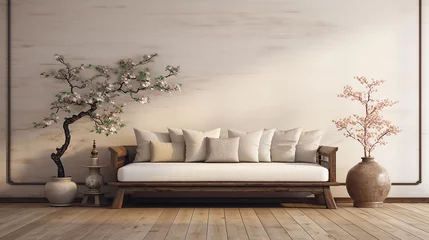 Foto op Aluminium Vintage Chinese living room, antique wood day bed sofa, coffee table, teapot, tea cup, bonsai tree in sunlight on parquet floor, beige wallpaper wall. Asian interior design decoration background 3D © Nakron