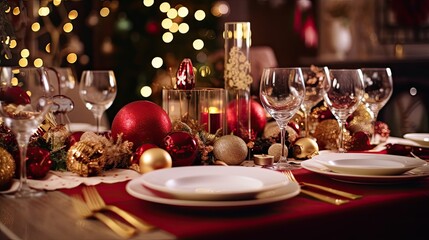 christmas dinner table setting, table in restaurant, christmas decor