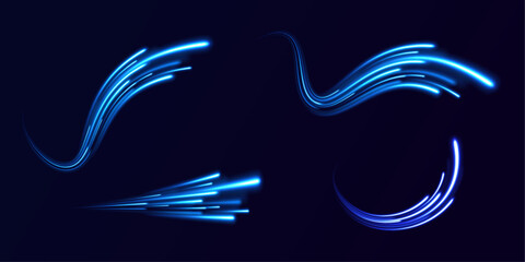 High speed effect motion blur night lights blue and red. Futuristic neon light line trails.  - obrazy, fototapety, plakaty