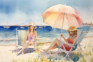 Summer watercolor beach. tropical vacation paradise artwork Generative AI 