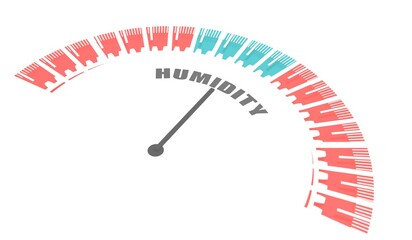Humidity level on measure scale. Hygrometer mechanic round scale with arrow. Colorful infographic gauge element. 3D render - obrazy, fototapety, plakaty