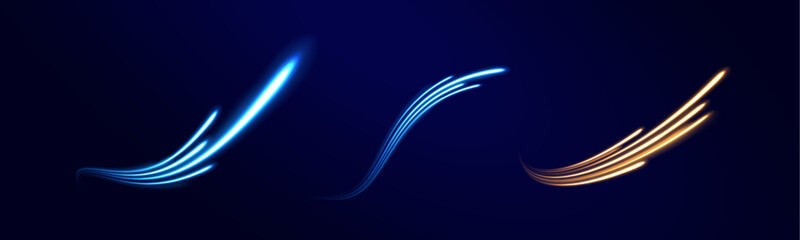 Lines in the shape of a comet against a dark background. Racing cars dynamic flash effects city road with long exposure night lights. 